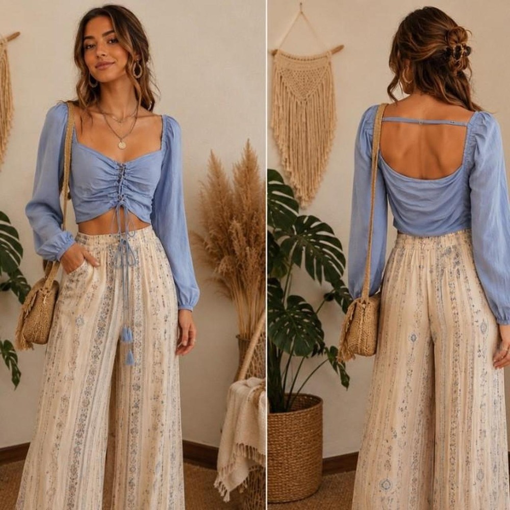 Ava Giselle Collection Blue Ruched‎ Front Long Sleeve Crop Top Womens Large